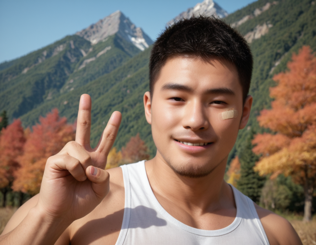 バンドエイド（絆創膏）を頬に張った男性のAI生成画像