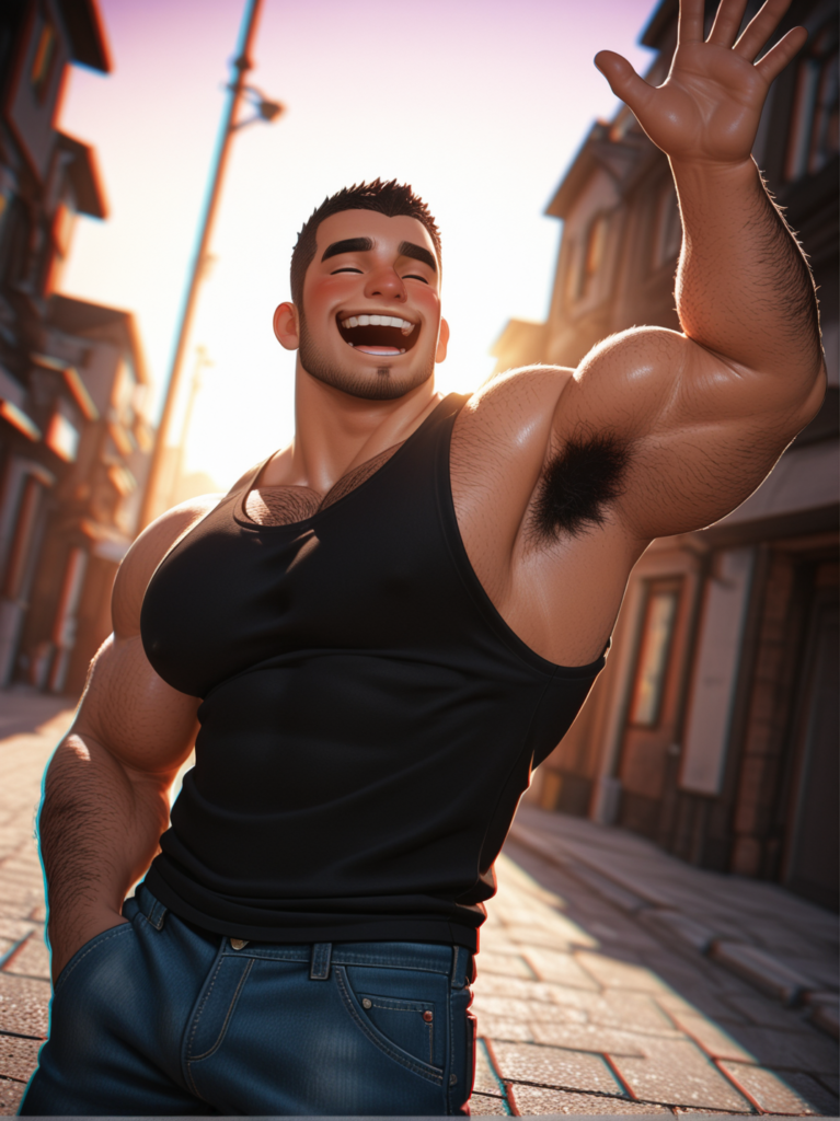 夕日をバックに片手を上にあげて「またなー！」という感じで手を振っている男性