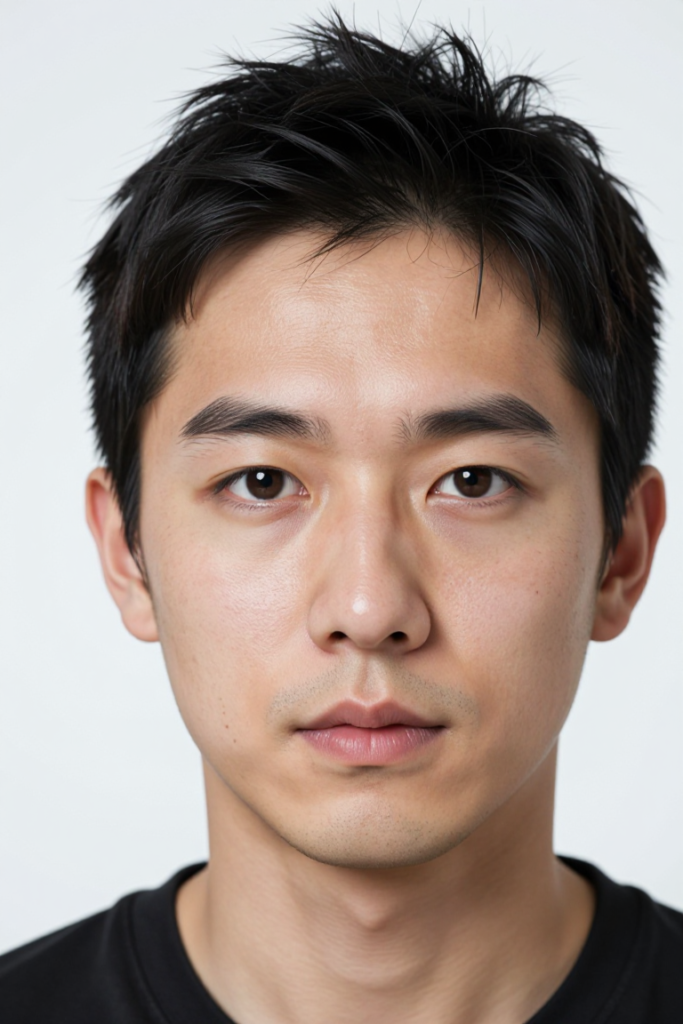 A Japanese man with short, spiky black hair, thick, straight eyebrows, and narrow eyes.
Portrait Photography.