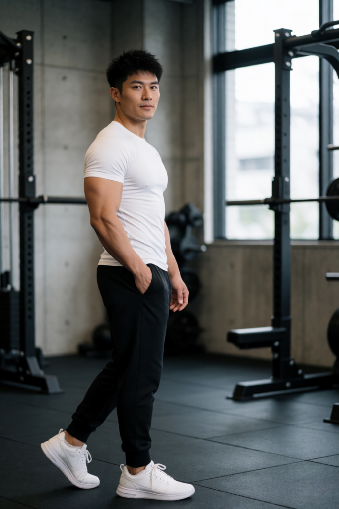 雑誌の撮影風にポーズを決めるジムで鍛えているマッチョの男性